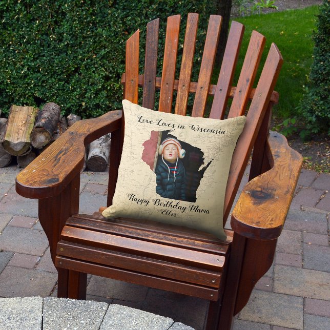 Old Map Love woont in Wisconsin State Shaped Photo Kussen (Creator heeft geüpload)