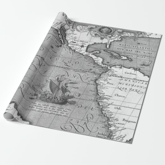 Old Maps Black and White Wrapping Paper Cadeaupapier (Uitgerold)