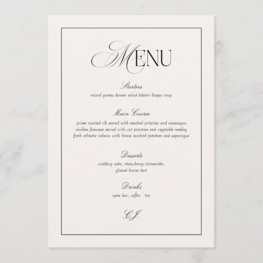 Old Money Black and Ivory Wedding Menu Card Kaart (Voorkant)