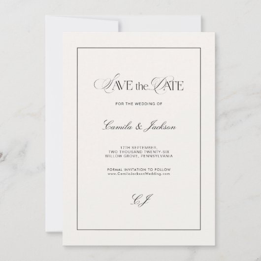 Old Money Black and Ivory Wedding Save the Date Kaart (Voorkant)