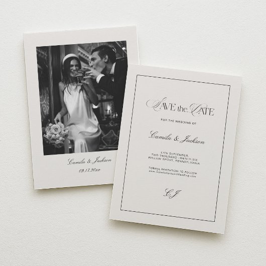 Old Money Black and Ivory Wedding Save the Date Kaart
