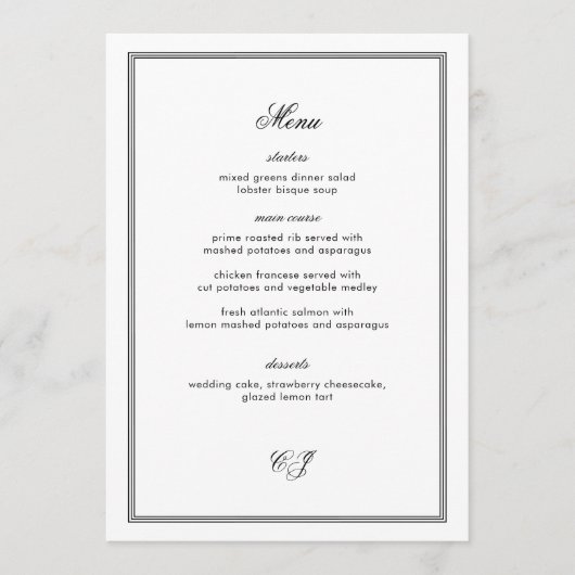 Old Money Black and White Wedding Menu Card Kaart (Voorkant)