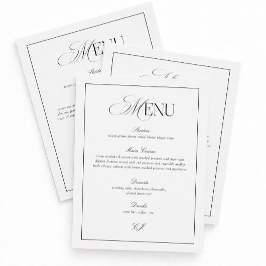 Old Money Black and White Wedding Menu Card Kaart