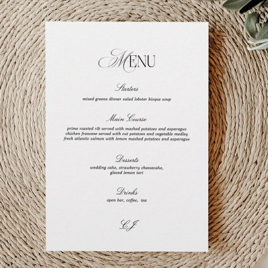Old Money Black and White Wedding Menu Card Kaart