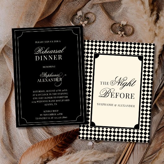 Old Money Black Ivory Checkered Rehearsal Dinner Kaart
