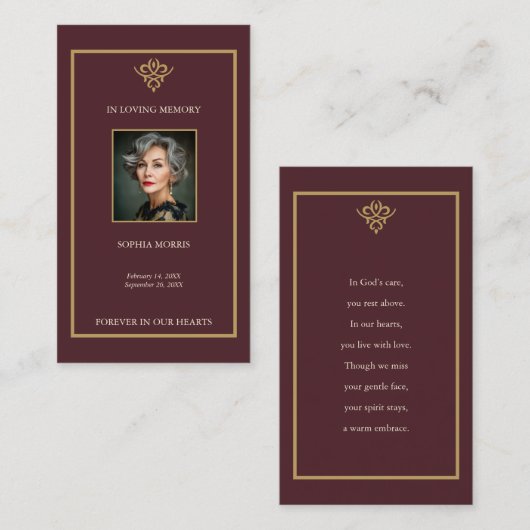 Old Money Burgundy Funeral Prayer Card Visitekaartje (Voorkant / Achterkant)