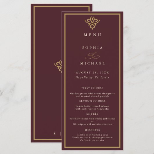 Old Money Burgundy Wedding Flat Menu (Voorkant / Achterkant)