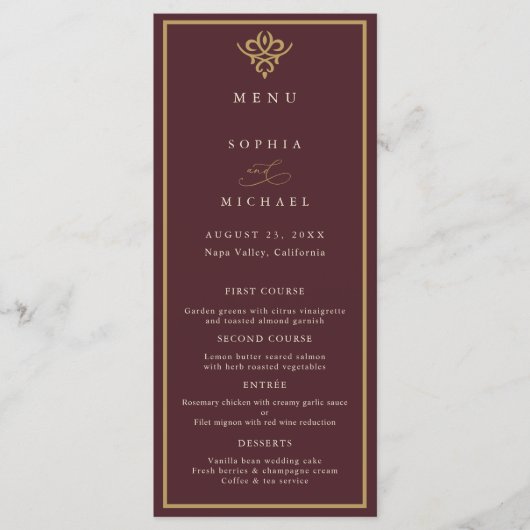 Old Money Burgundy Wedding Flat Menu (Voorkant)