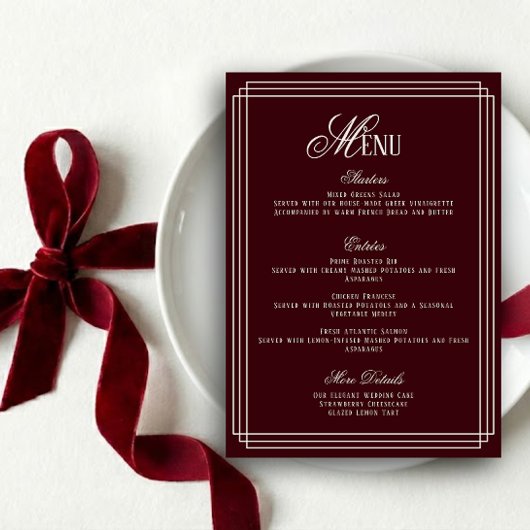 Old Money Burgundy Wedding Menu Card Kaart