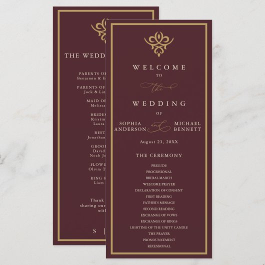 Old Money Burgundy Wedding Program Programmakaart (Voorkant / Achterkant)