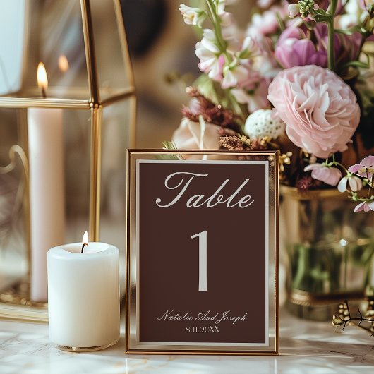 Old Money Chocolate Brown Wedding Table Number Kaart