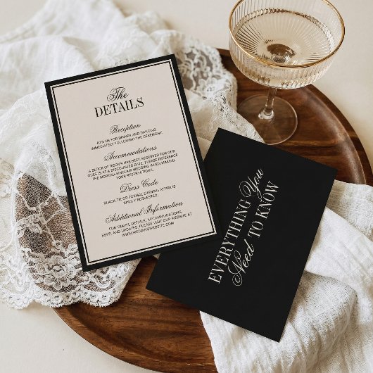 Old Money Classic Black Cream Wedding Details Informatiekaartje