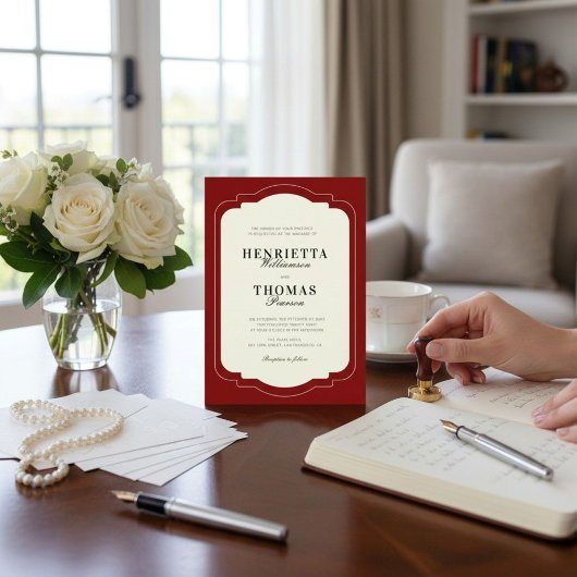 old money Classic Burgundy Script Name Wedding Kaart