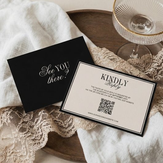 Old Money Classic Luxury Black Cream Wedding RSVP Kaartje