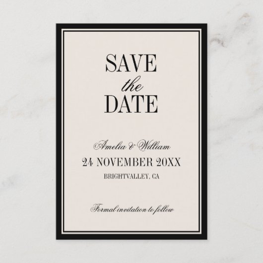 Old Money Classy Timeless Black Cream Wedding Save The Date (Voorkant)