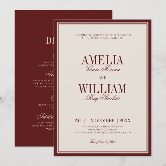 Old Money Classy Timeless Burgundy Wedding Kaart (Voorkant / Achterkant)
