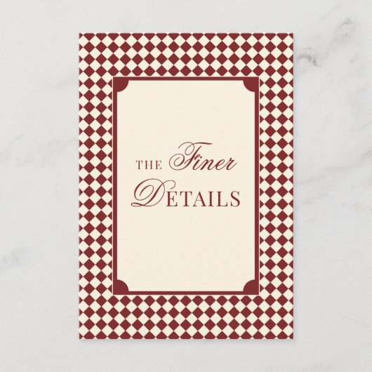 Old Money Deep Red Ivory Checkered Wedding Details Informatiekaartje (Voorkant)