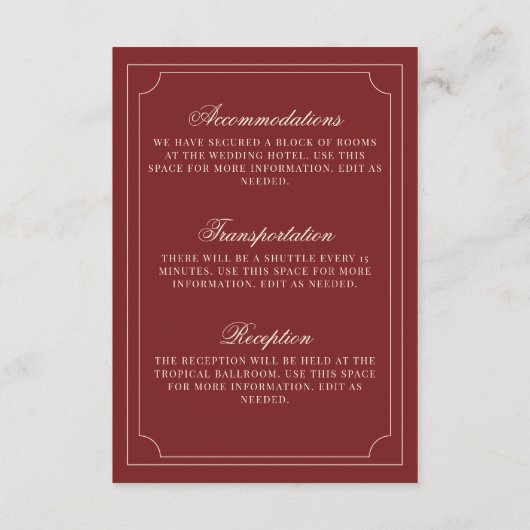 Old Money Deep Red Ivory Checkered Wedding Details Informatiekaartje (Achterkant)