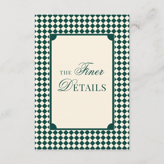 Old Money Emerald Ivory Checkered Wedding Details Informatiekaartje (Voorkant)