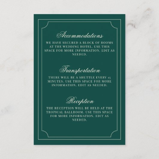 Old Money Emerald Ivory Checkered Wedding Details Informatiekaartje (Achterkant)