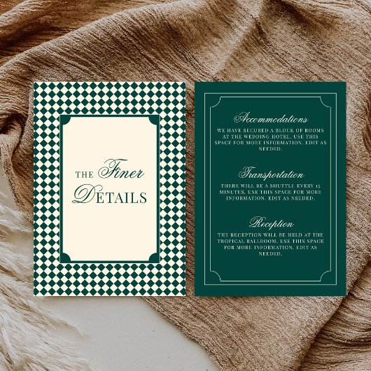 Old Money Emerald Ivory Checkered Wedding Details Informatiekaartje