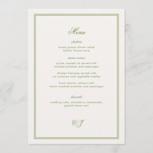Old Money Green Wedding Menu Card Kaart (Voorkant)