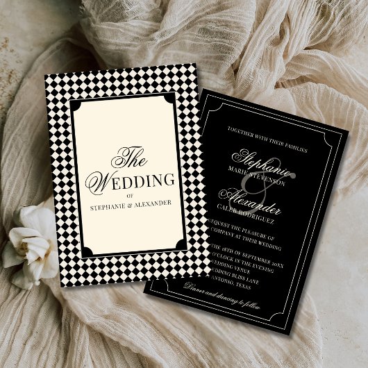 Old Money Luxury Black & Ivory Checkered Wedding Kaart