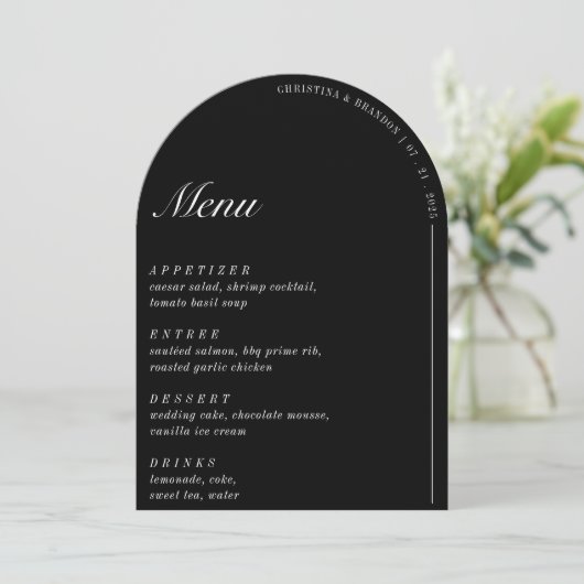 Old Money Minimalist Black Arch Wedding Menu Kaart (Staand voorkant)