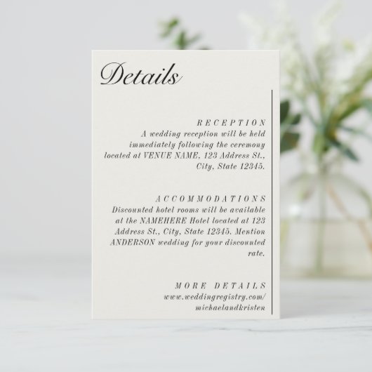 Old Money Minimalist Ecru White Wedding Details Informatiekaartje (Staand voorkant)