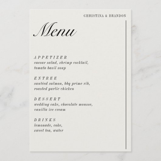Old Money Minimalist Ecru White Wedding Menu (Voorkant)