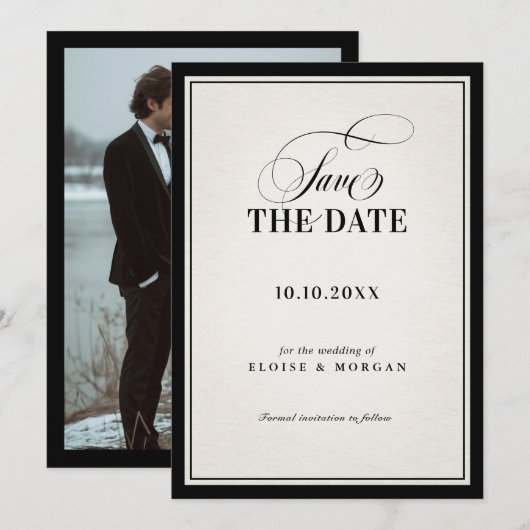 Old Money Modern Formal Black Luxury Chic Wedding Save The Date (Voorkant / Achterkant)