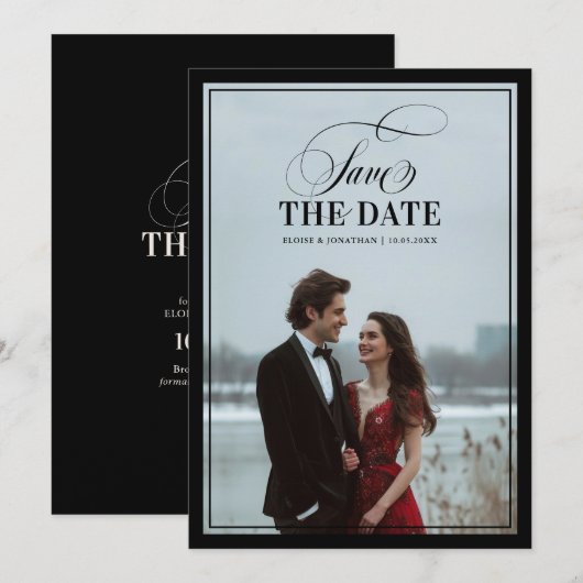 Old Money Modern Formal Black Luxury Chic Wedding Save The Date (Voorkant / Achterkant)