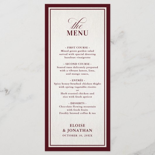 Old Money Modern Formal Burgundy Luxury Wedding Menu (Voorkant)