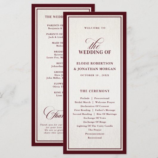 Old Money Modern Formal Burgundy Luxury Wedding Programmakaart (Voorkant / Achterkant)