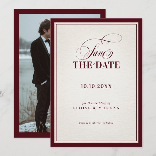 Old Money Modern Formal Burgundy Luxury Wedding Save The Date (Voorkant / Achterkant)