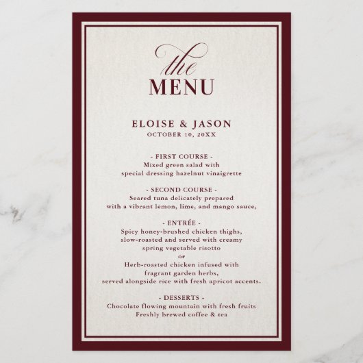 Old Money Modern Formal Burgundy Wedding Menu (Voorkant)