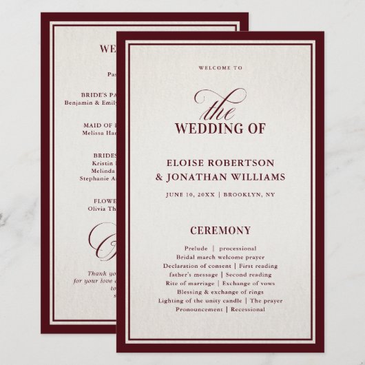 Old Money Modern Formal Burgundy Wedding Program (Voorkant / Achterkant)
