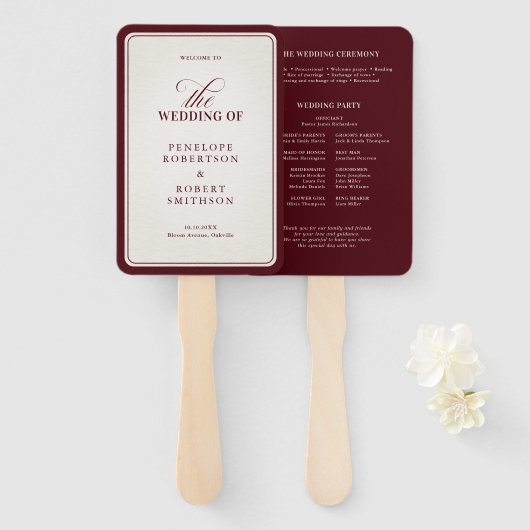 Old Money Modern Formal Burgundy Wedding Program Handwaaier (Voorkant en achterkant)
