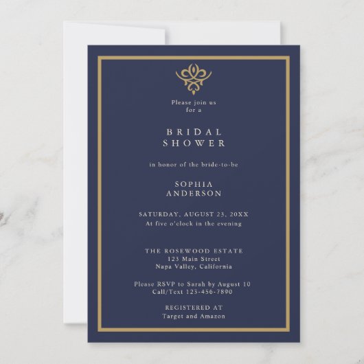 Old Money Navy Blue  Bridal Shower Invitation Kaart (Voorkant)