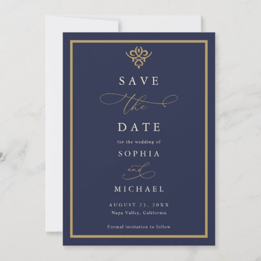Old Money Navy Blue Save The Date Invitation (Voorkant)