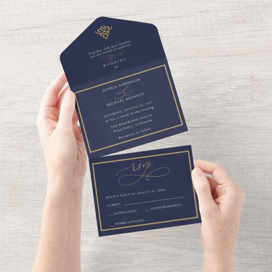 Old Money Navy Blue Wedding All In One Invitation Uitnodiging (Afscheurbaar)