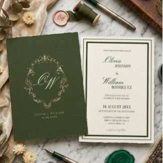 Old Money Olive Green Elegant Monogram Wedding Kaart