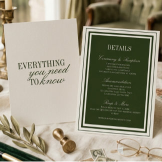 Old Money Olive Green Elegant Wedding Details Card Notitiekaartje