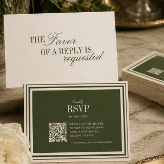 Old Money Olive Green Elegant Wedding with QR Code RSVP Kaartje