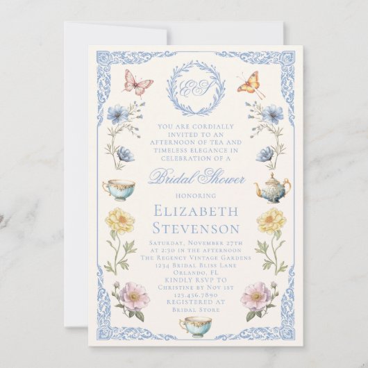 Old Money Regency Floral Tea Party Bridal Shower Kaart (Voorkant)