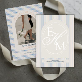 Old Money Script Blue Stripe Foto Sla de datum op Folie Uitnodiging