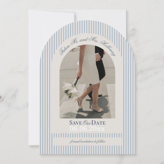 Old Money Script Blue Stripe Foto Sla de datum op Kaart (Voorkant)