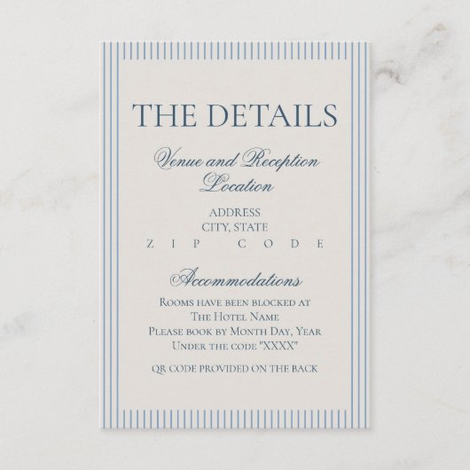 Old Money Script Blue Stripe Wedding Details Informatiekaartje (Voorkant)