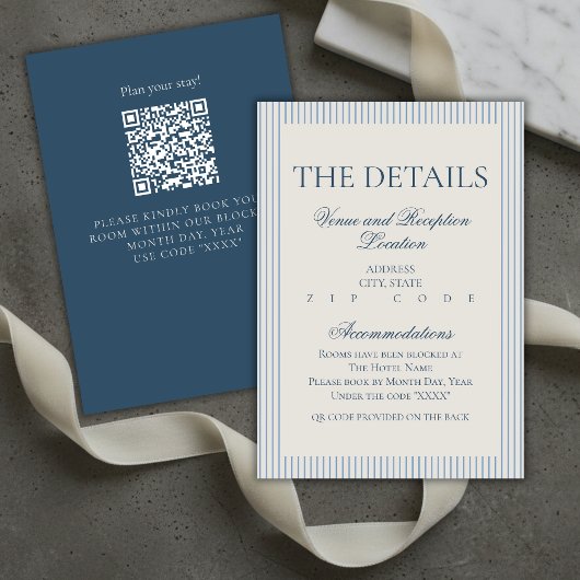 Old Money Script Blue Stripe Wedding Details Informatiekaartje