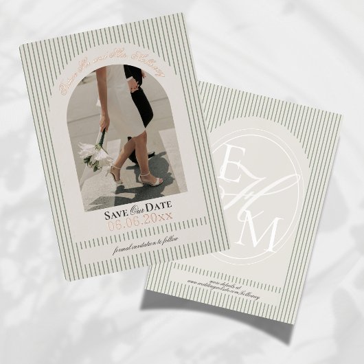 Old Money Script Green Stripe Foto Sla de datum op Folie Uitnodiging